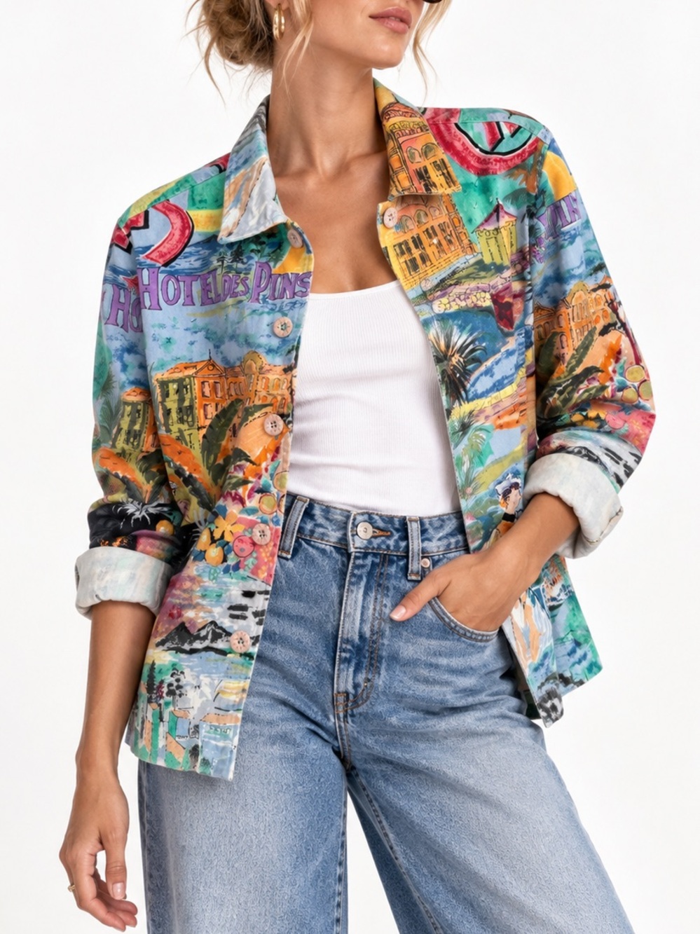 Vintage Keren Hart Hotel des Pins Scenic Print Sequin Art to Wear Jacket M